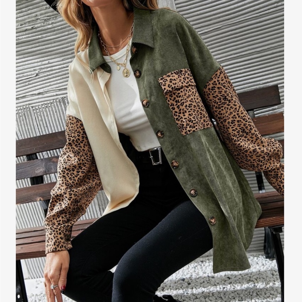 Cozy Corduroy  Oversized Relaxed fit Leopard Print Patch Work Button Down Shirt - Picture 3 of 16